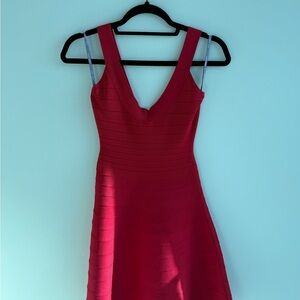Herve Leger Red Bandage V-Neck Mini Dress